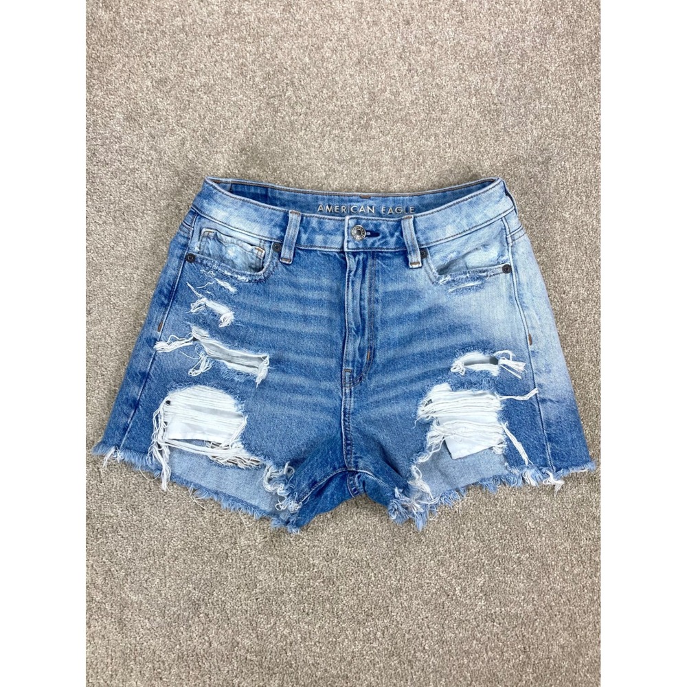 American Eagle High Rise Frayed Cut Off Denim Shorts Women 2 Blue Grunge Indie